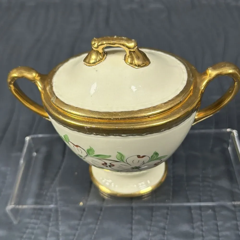 Vintage Porcelain Covered Sugar Bowl Dogwood Flowers Gold Trim Handles Lid